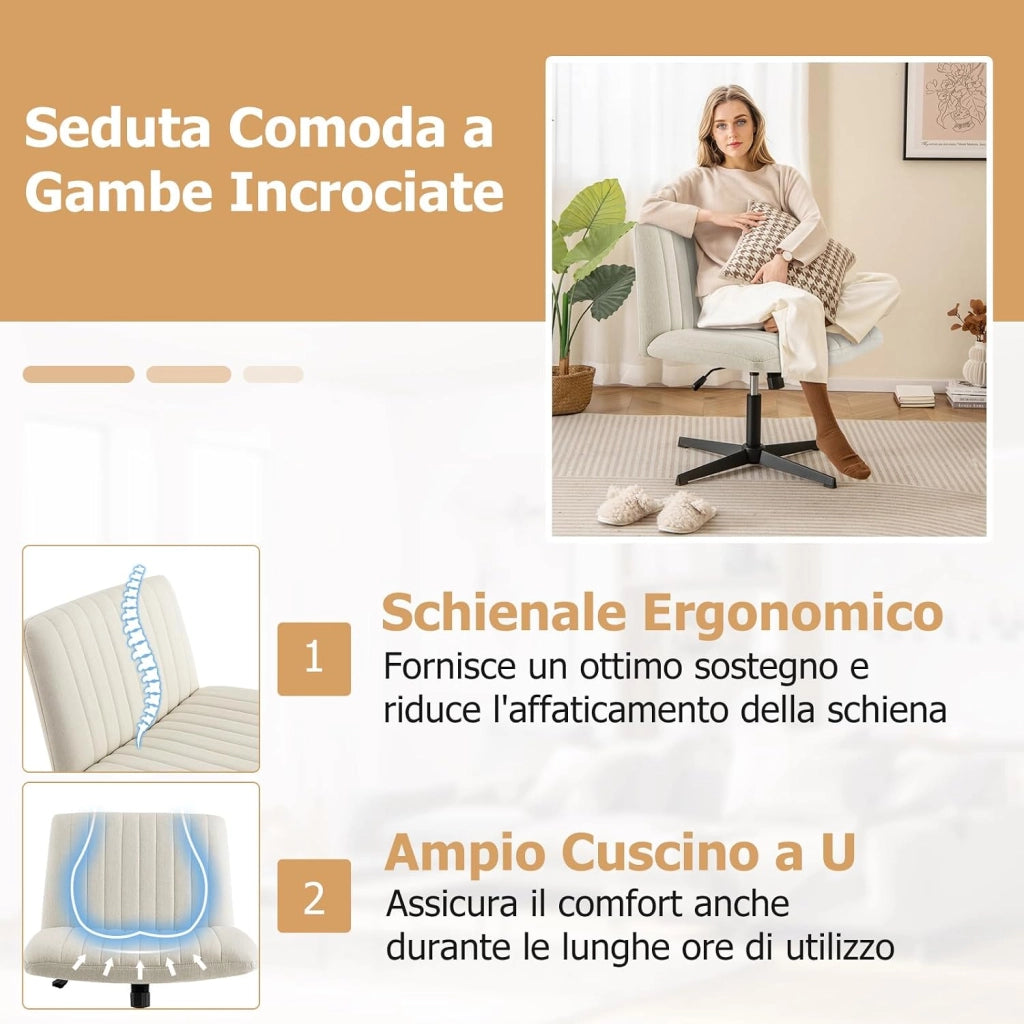 Sedia Ufficio Senza Ruote, Sedia da Scrivania con Sedile Imbottito, con Funzione a Dondolo 100°-120°, Girevole 360°, Altezza Regolabile, Sedia Ergonomica Portata 150 kg (Beige)