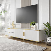 Mobile TV moderno bianco e oro con 2 cassetti e vani contenitore, 170 cm