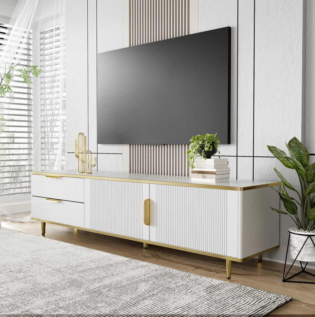 Mobile TV moderno bianco e oro con 2 cassetti e vani contenitore, 170 cm