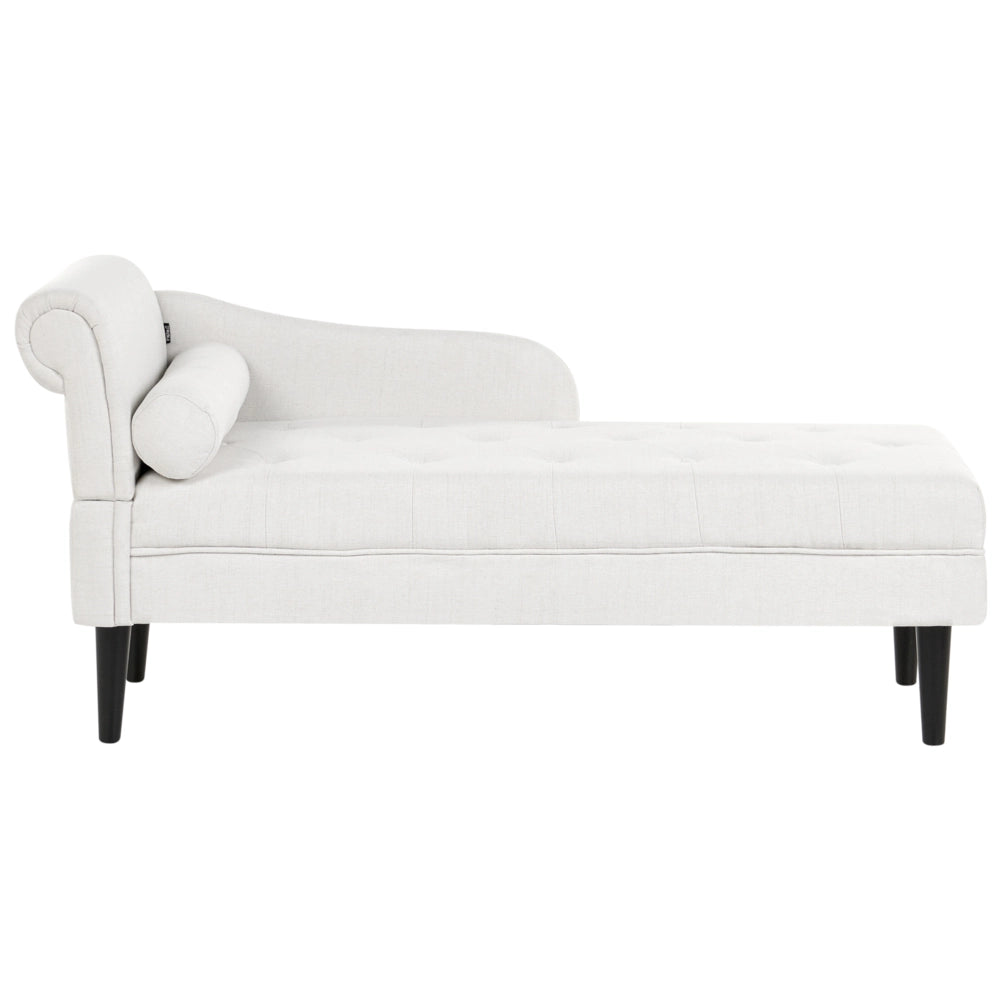Chaise longue sinistra in tessuto bianco sporco imbottita con cuscino facile da pulire, gambe in legno, soggiorno moderno