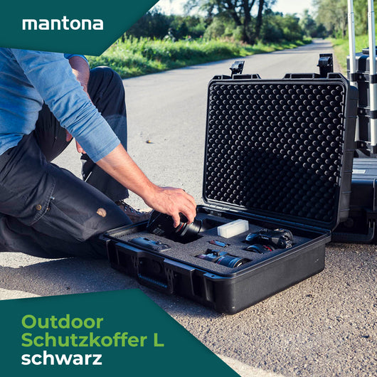 Mantona Outdoor Valigetta rigida L, impermeabile 31 l, antiurto e antipolvere, per trasporto accessori fotografici obiettivi e strumenti delicati, con imbottitura in schiuma