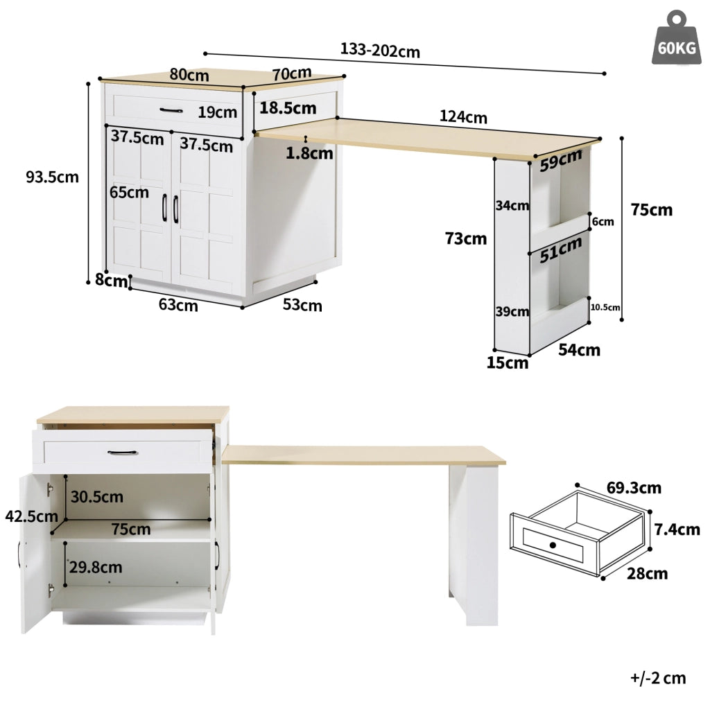 Tavolo bar 133-202x70x93.5 cm allungabile con contenitore e ripiani in MDF bianco