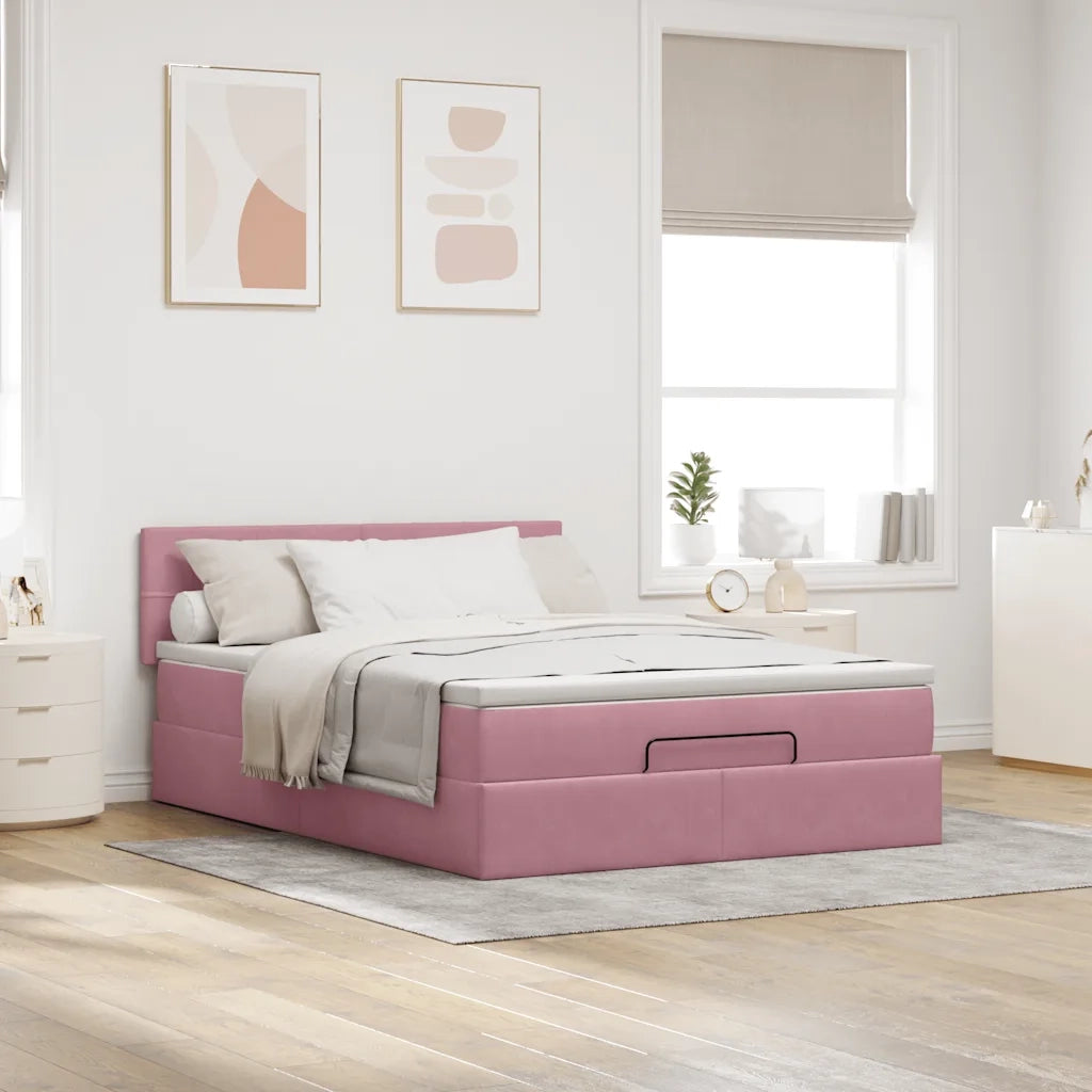 Struttura Letto Pouf con Materasso Rosa 140x190 cm in Velluto 3312625