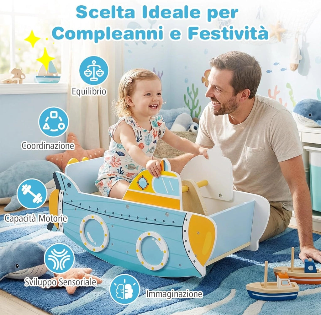 Cavallo a Dondolo per Bambini, Gioco a Dondolo a Tema Sottomarino da Interno con Elica Rotante, per Camerette Sale Giochi per Bambini 1+ Anni