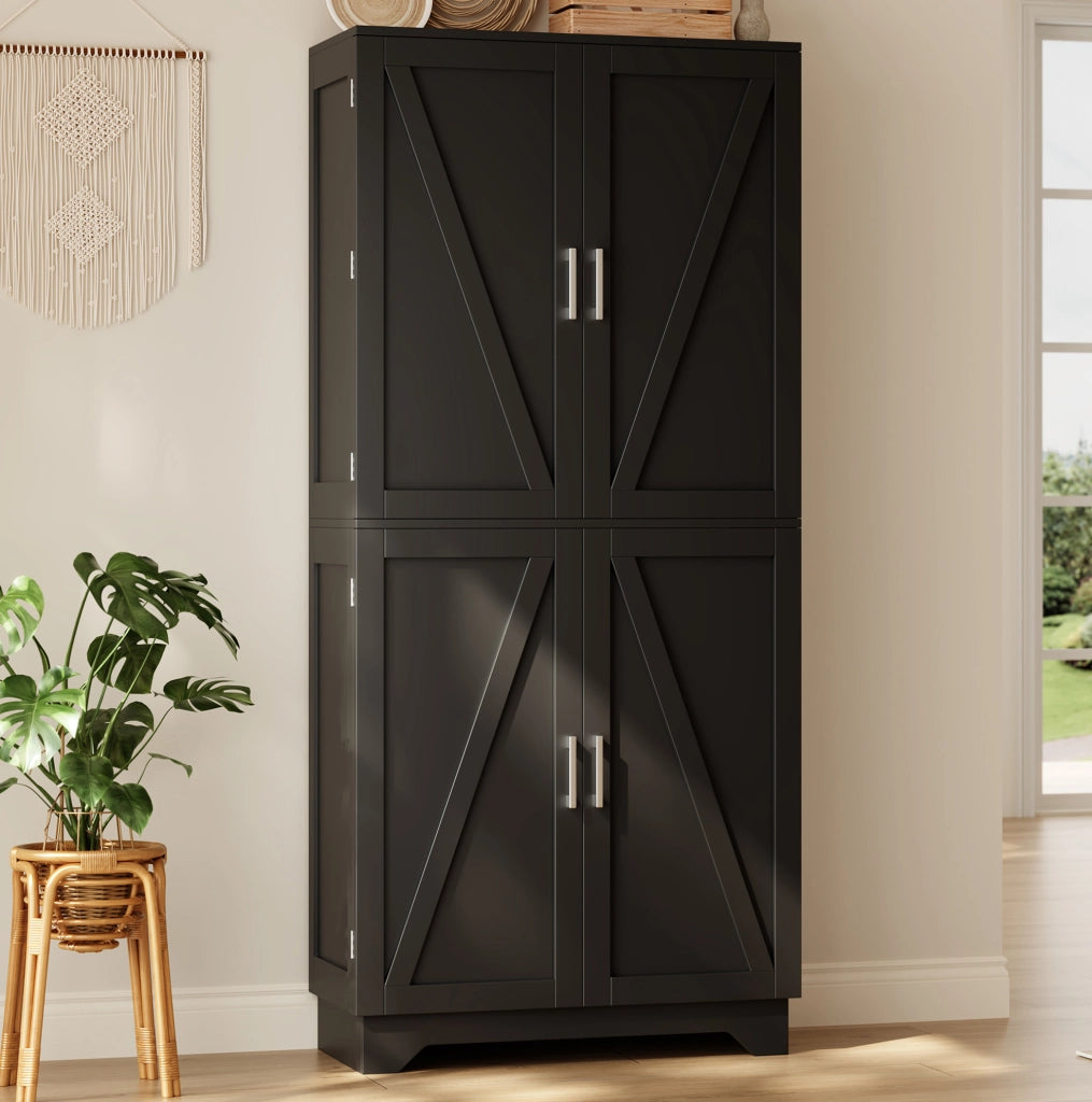Credenza alta da cucina 80x40x180 cm con 4 ante stile barn; ripiani portabottiglie; nero e naturale