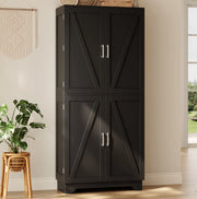 Credenza alta da cucina 80x40x180 cm con 4 ante stile barn; ripiani portabottiglie; nero e naturale