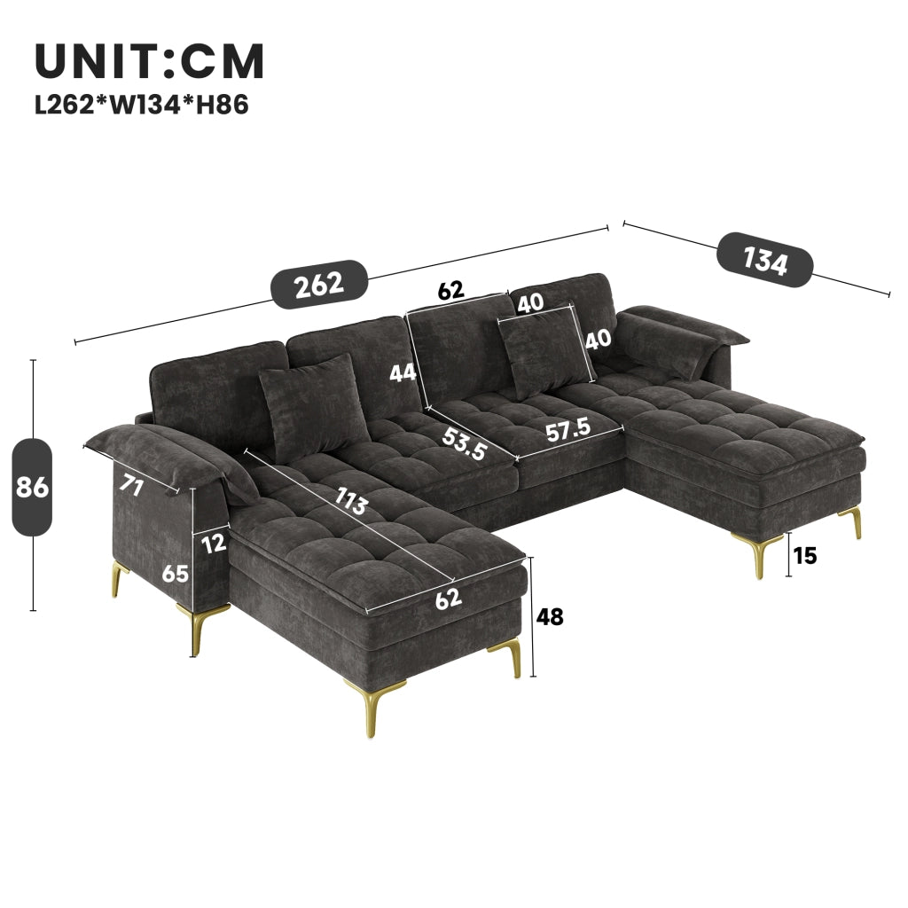 DIVANO angolare a U 4-5 posti 262x134x86 cm Chenille Grigio con 2 cuscini