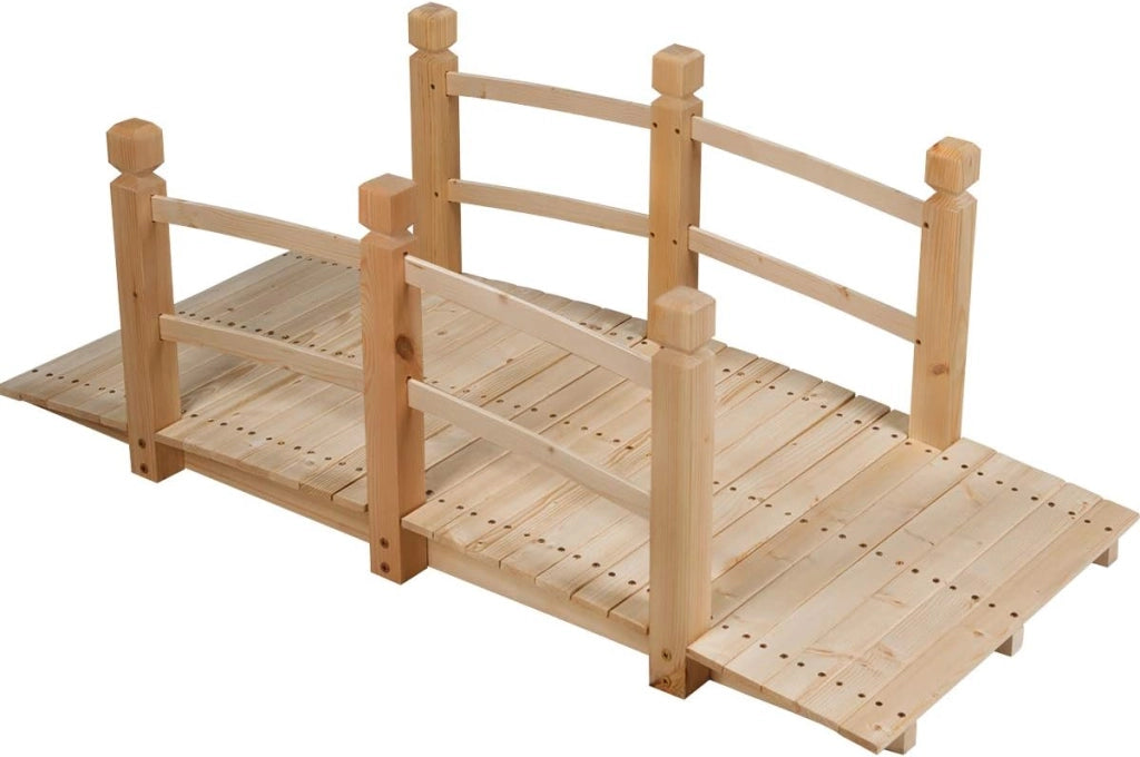 Ponte in Legno per Giardino, Ponte Decorativo con Ringhiera, 150 x 67 x 55cm (Legno Chiaro)
