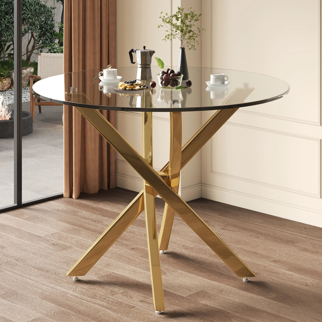 Tavolo rotondo in vetro temperato 80 cm, struttura color oro, design moderno con base a croce