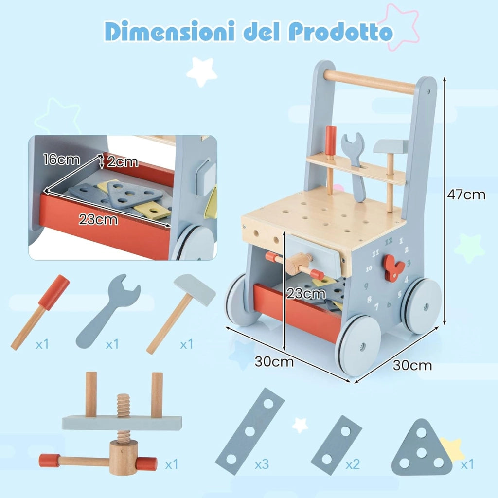 2-in-1 Girello Neonato in Legno, Camminatore con Giocattoli e Attrezzi, Primi Passi per Bambini con Montessori, Carrello Primi Passi con Ruote, con Banco da Lavoro, per Bambini 3+ Mesi