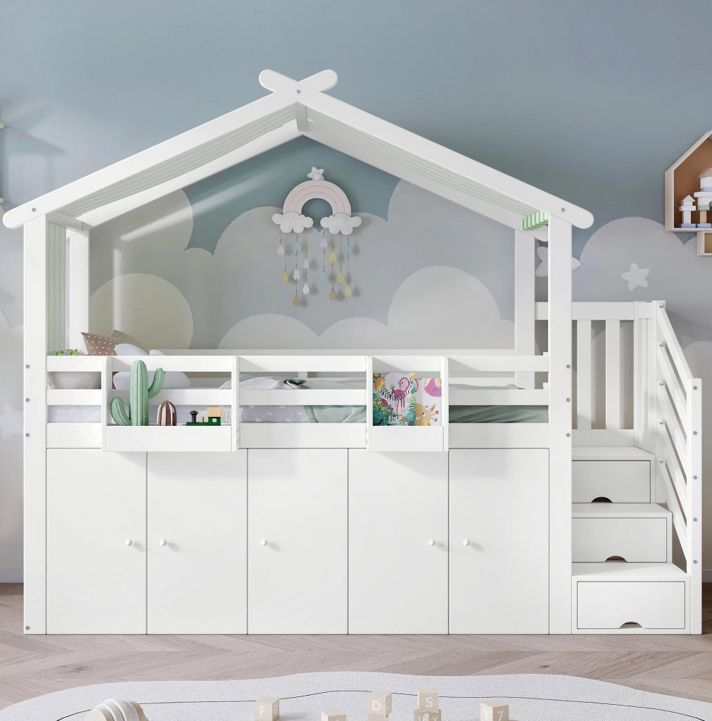 Letto a castello per bambini 90x200 cm con scala contenitore; armadio e vani portaoggetti; bianco e verde