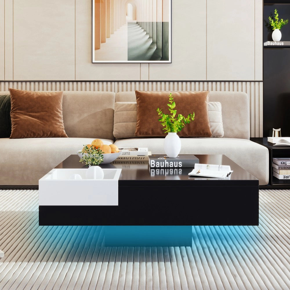 Tavolino da Salotto con LED ¨C Xylo ¨C Bianco e Nero Lucido, 72x72x30 cm