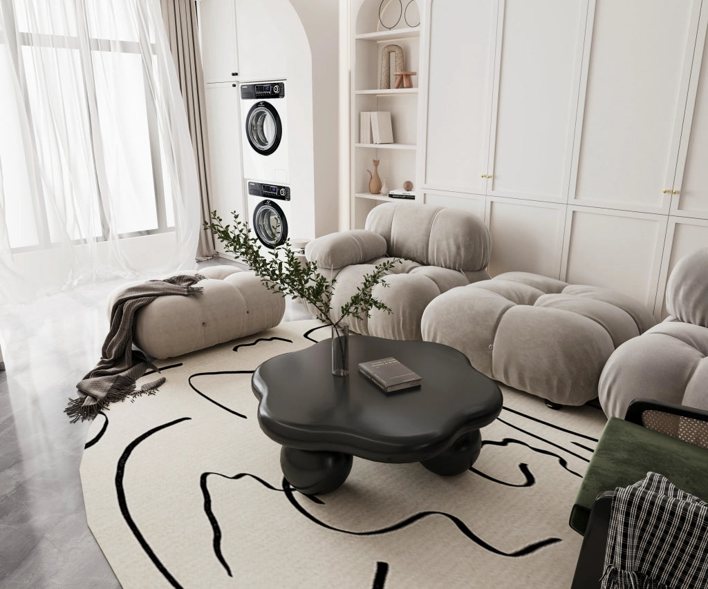 Tavolino basso a nuvola nero opaco in MDF con gambe sferiche per soggiorno e piccoli spazi Ø 80 × 31 cm