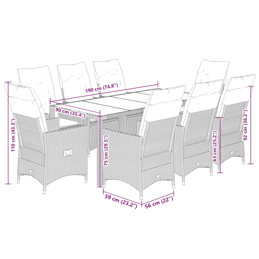 Set da Pranzo da Giardino 9 pz con Cuscini Nero in Polyrattan 3276698