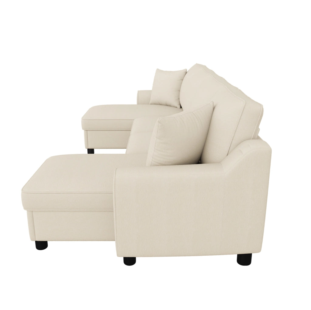 Divano a U in ciniglia beige con vano contenitore, 280 cm