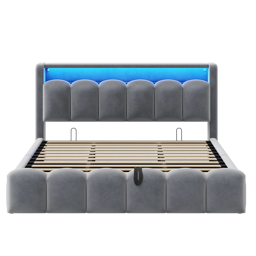 Letto imbottito 180x200 cm con contenitore; LED e porte USB in velluto grigio