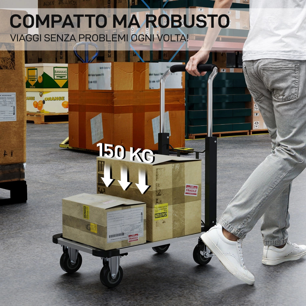 Carrello Portapacchi Pieghevole con Pedana Estensibile Capacità 150 kg in Metallo e Alluminio Argento