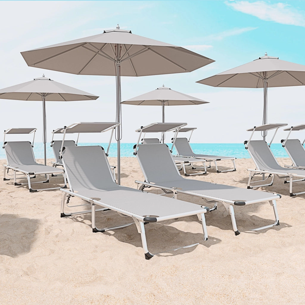 Coppia Di Lettini Pieghevoli Prendisole Tettuccio Parasole Schienale Reclinabile Regolabile 6 Posizioni Struttura In Alluminio Sedia Sdraio Spiaggia Mare Giardino Piscina 187 x 59 x 29 Cm (Gray)
