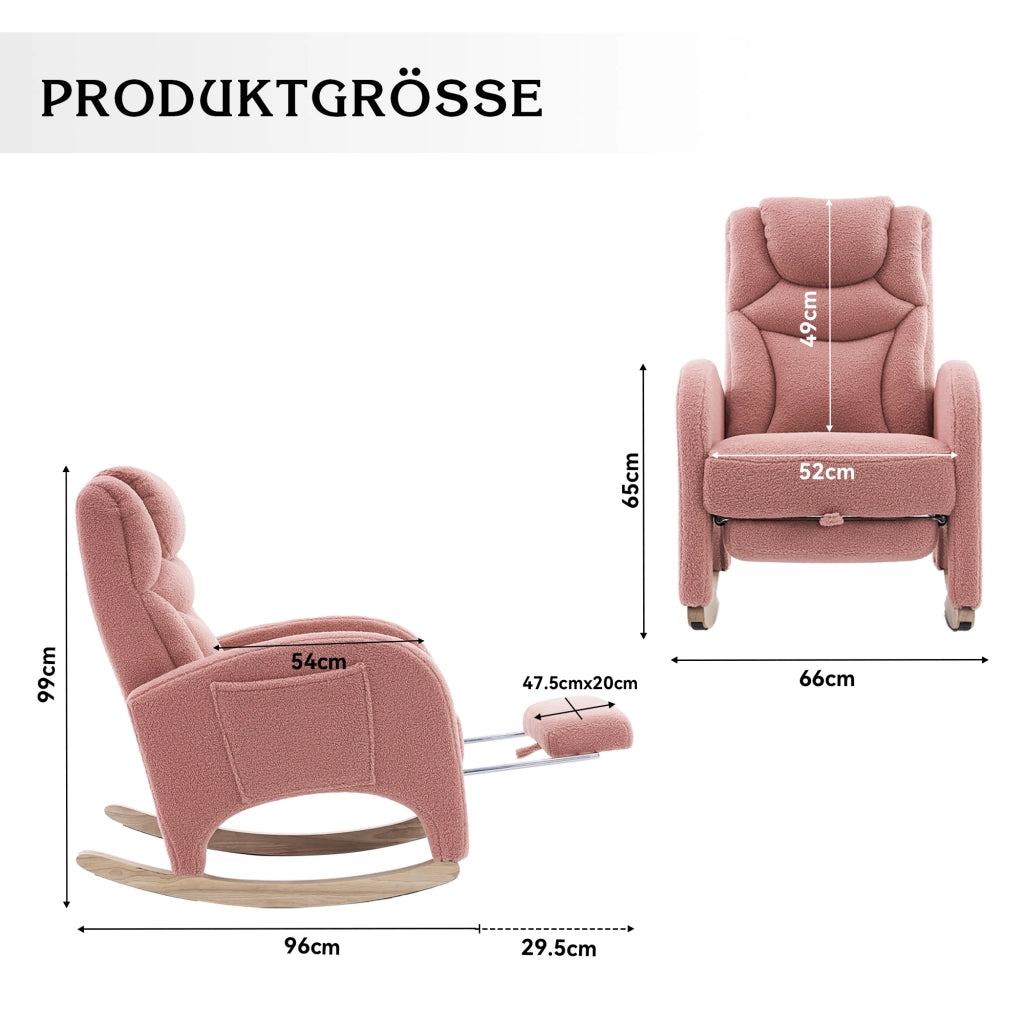 Poltrona a dondolo relax con poggiapiedi pieghevole e schienale ergonomico in tessuto teddy rosa per salotto