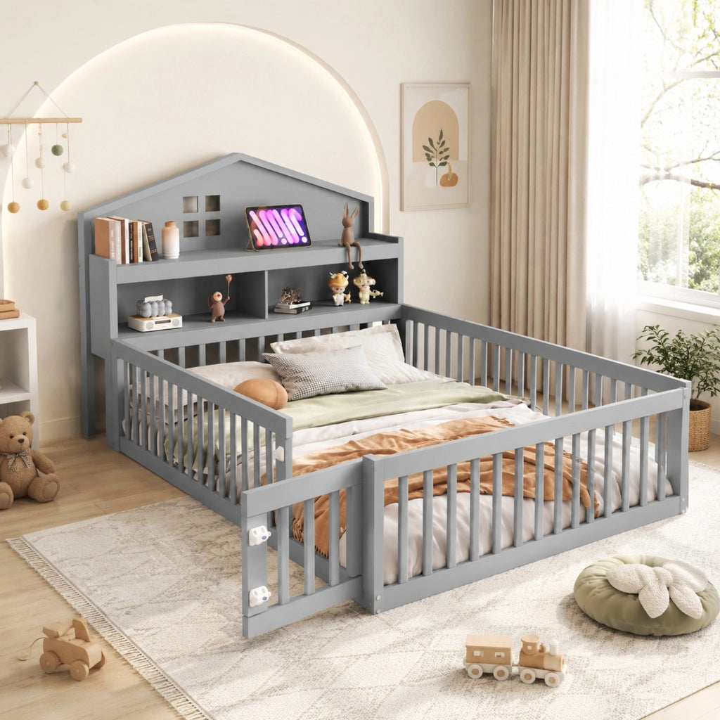 Letto per bambini a casetta 140x200 cm grigio con lavagna