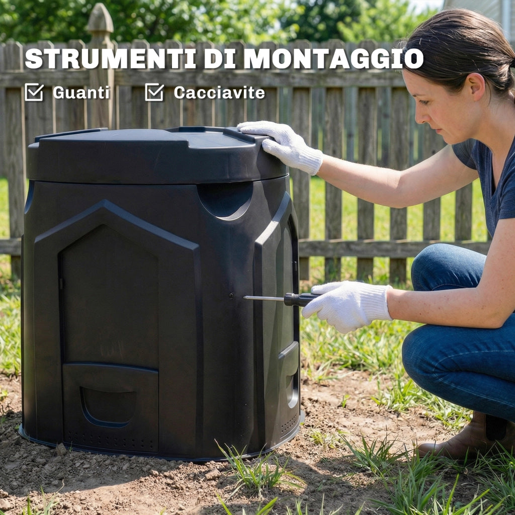 Compostiera da Giardino 78x75x78 cm Triangolare Girevole con 3 Porte in PP Nero