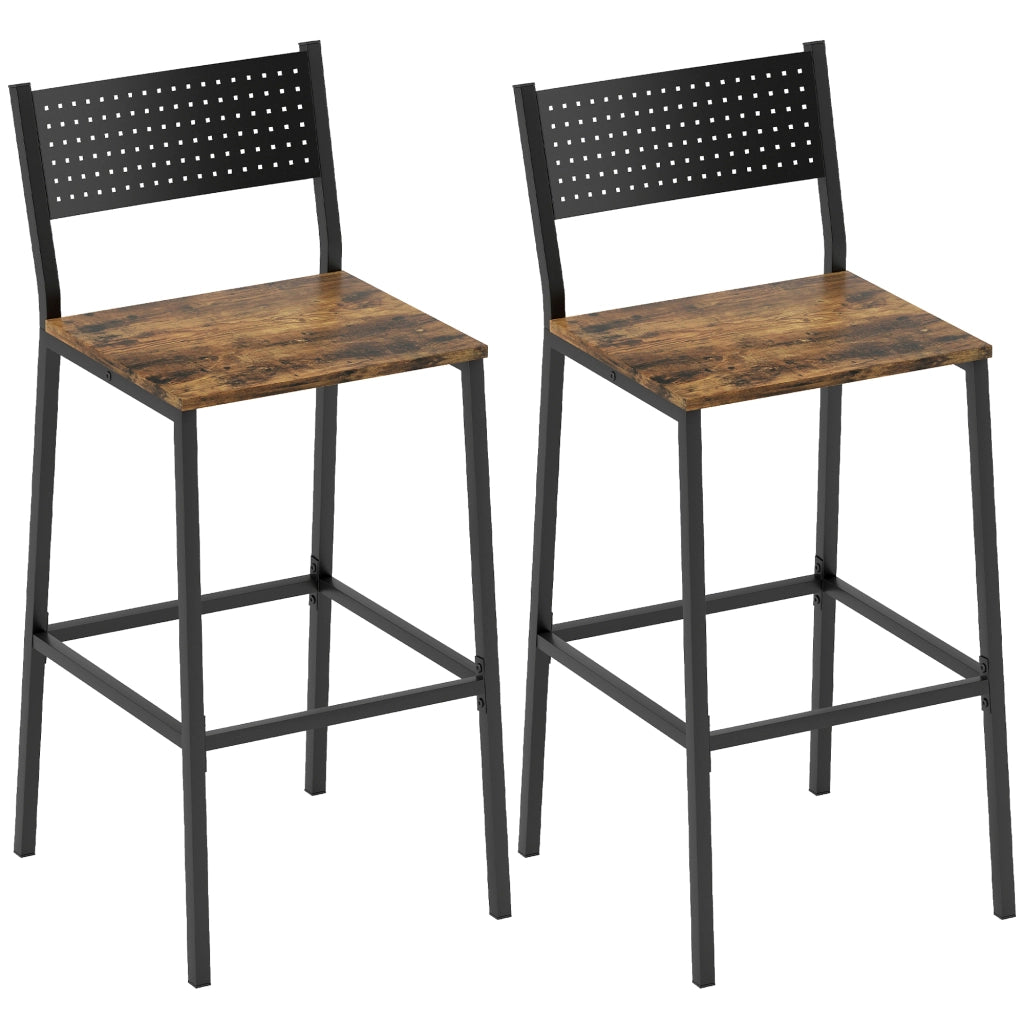 Set 2 Sgabelli da Bar in Stile Industriale con Schienale e Poggiapiedi 43,2x50,5x97,8 cm in Metallo e MDF Marrone