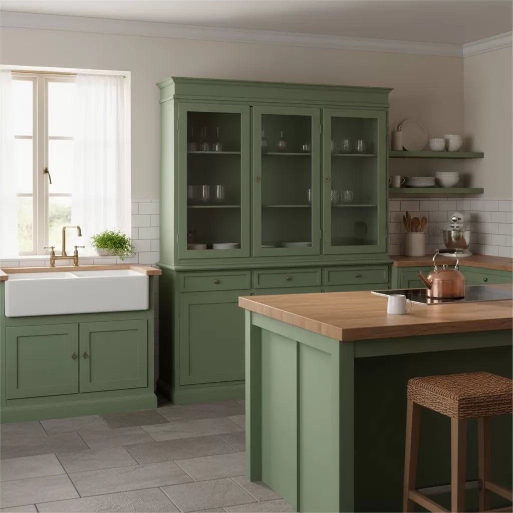Cristalliera 3 porte 3 cassetti legno arte povera verde salvia 156x42x205 - Mobili 2G