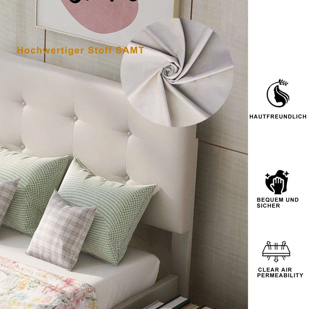 Letto imbottito 90x200 cm con rete a doghe e cassetto contenitore; velluto beige