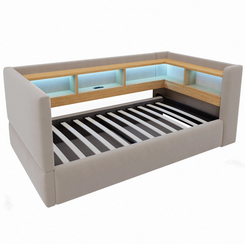 Divano letto 90x190 cm con vano contenitore idraulico; LED e prese; grigio scuro