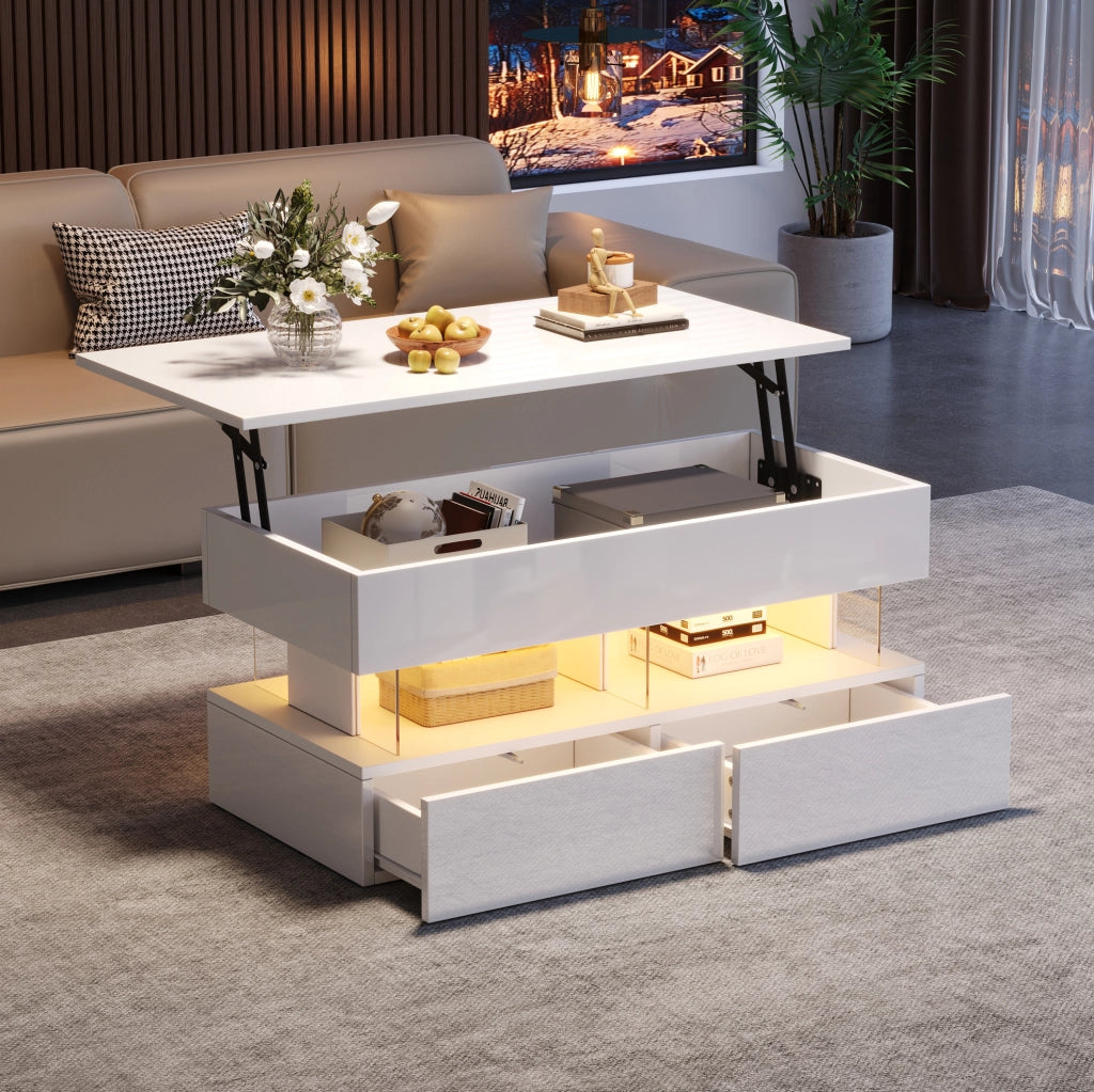 Tavolino da salotto sollevabile con spazio nascosto, cassetti e luce LED