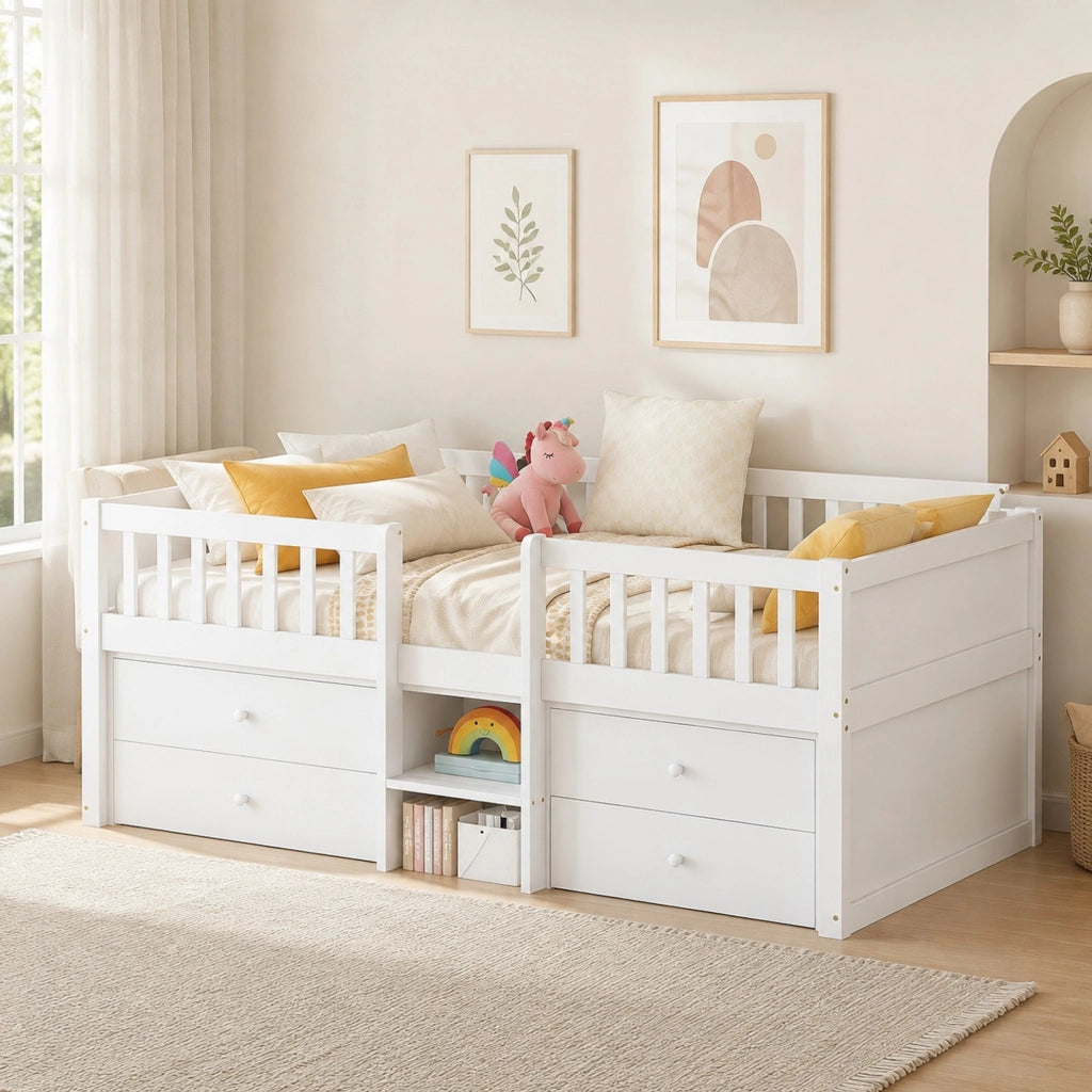 LETTO Semialto 90x200 cm con 4 cassetti scala e sponde in legno di pino bianco