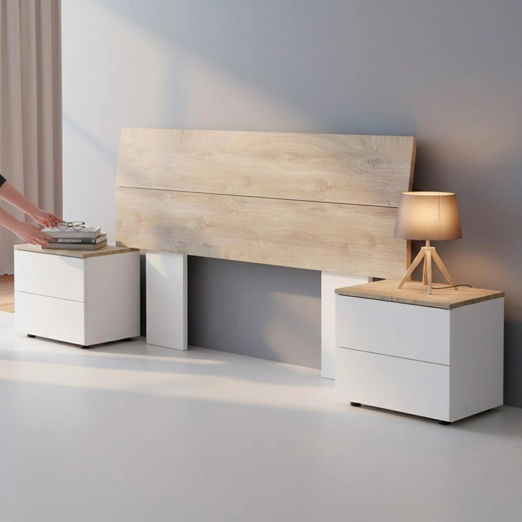 Set Camera Da Letto Con Testiera Matrimoniale 176 Cm Due Comodini Con Cassetti Testata Arredo Moderno Per Letti 135 150 160 Cm Rovere E Bianco