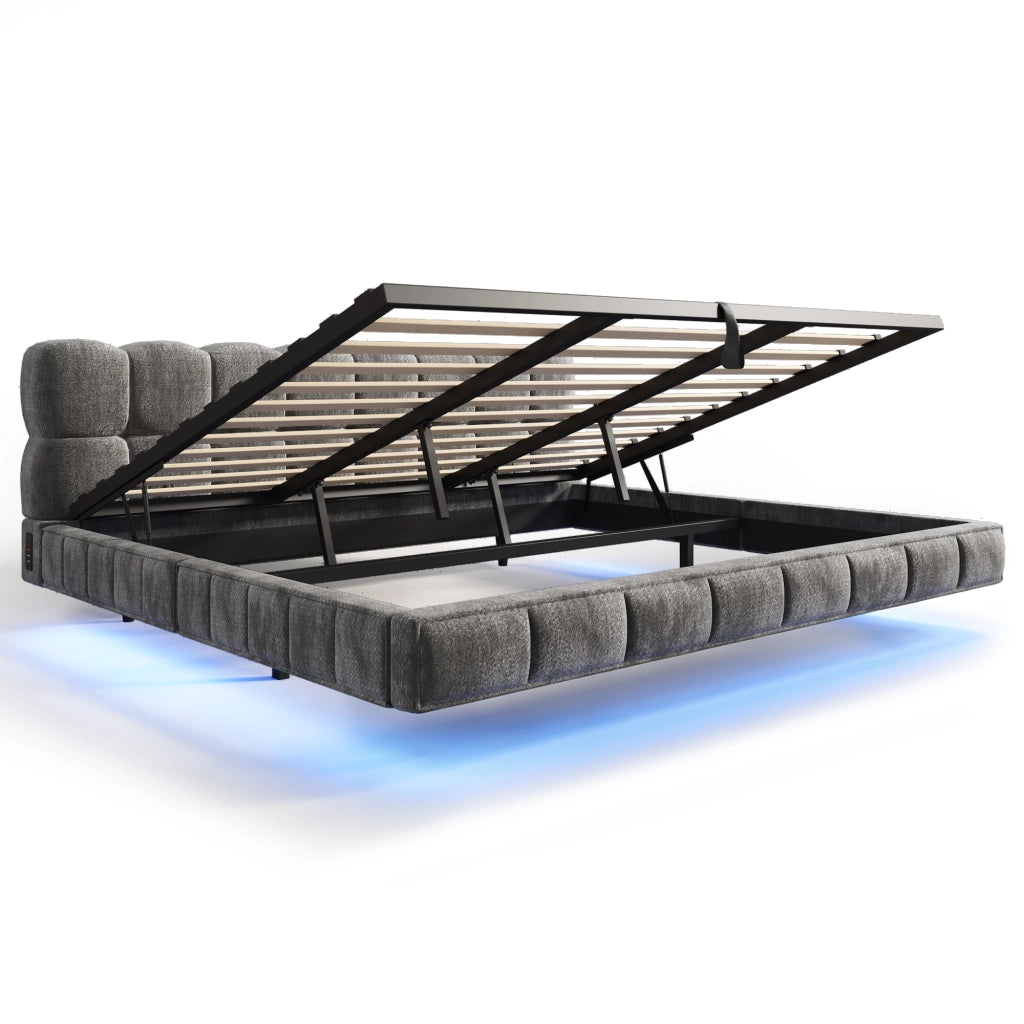Letto imbottito 180x200 cm con contenitore idraulico e LED in ciniglia grigio