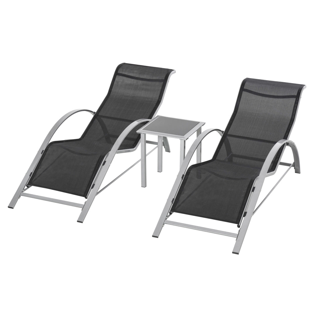Easycomfort Set 2 Sdraio da Giardino e Tavolino con Vetro, Lettino Prendisole con Tessuto Traspirante 59 x 169 x 66cm, Nero Grigio