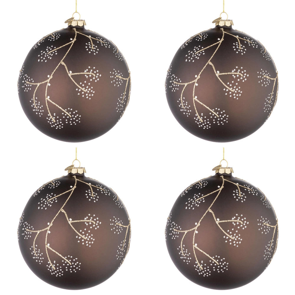 Palline di Natale in Vetro Marrone e Rametti Oro Floral Diametro: 100 mm