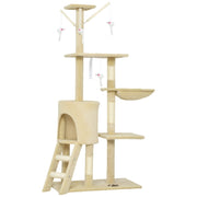 Tiragraffi con cuccia, 4 giochi, pali in sisal, ampia piattaforma, scaletta, per gatti sotto i 5 kg, beige