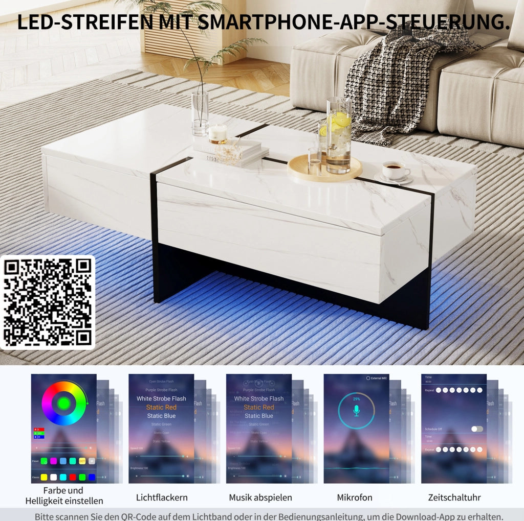 Tavolino da salotto bianco lucido con LED e 3 cassetti