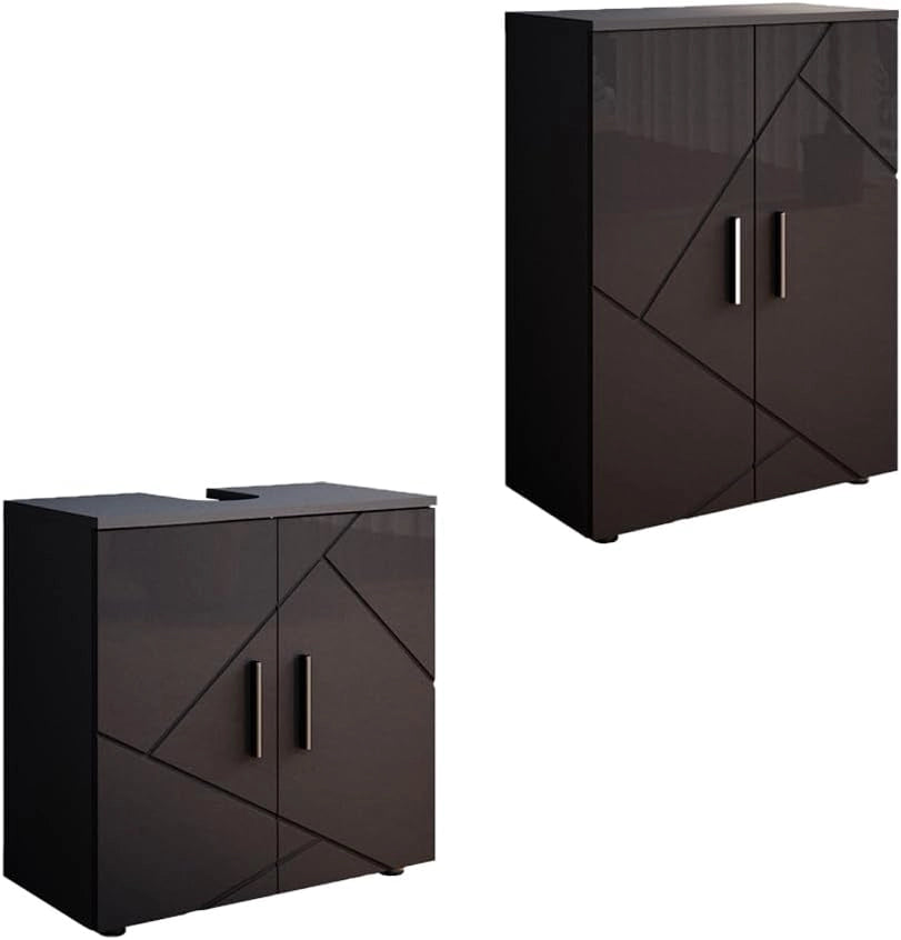 Set di mobili da bagno Irma, Bianco lucido, 2 parti, con unità midi, composto da mobile sottolavabo e armadio medio