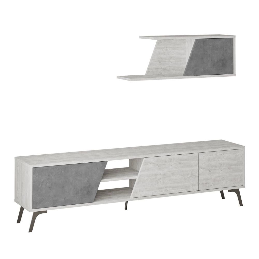 (3c) Porta TV Fiona Bianco Vintage con Anta Retro Grey e Mensola H 48 x P 35,60 x L 180 cm