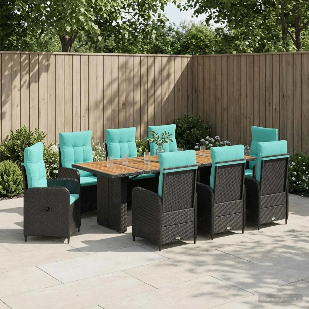 Set da pranzo per esterni 9 pz Nero e Turchese polyrattan 3422377