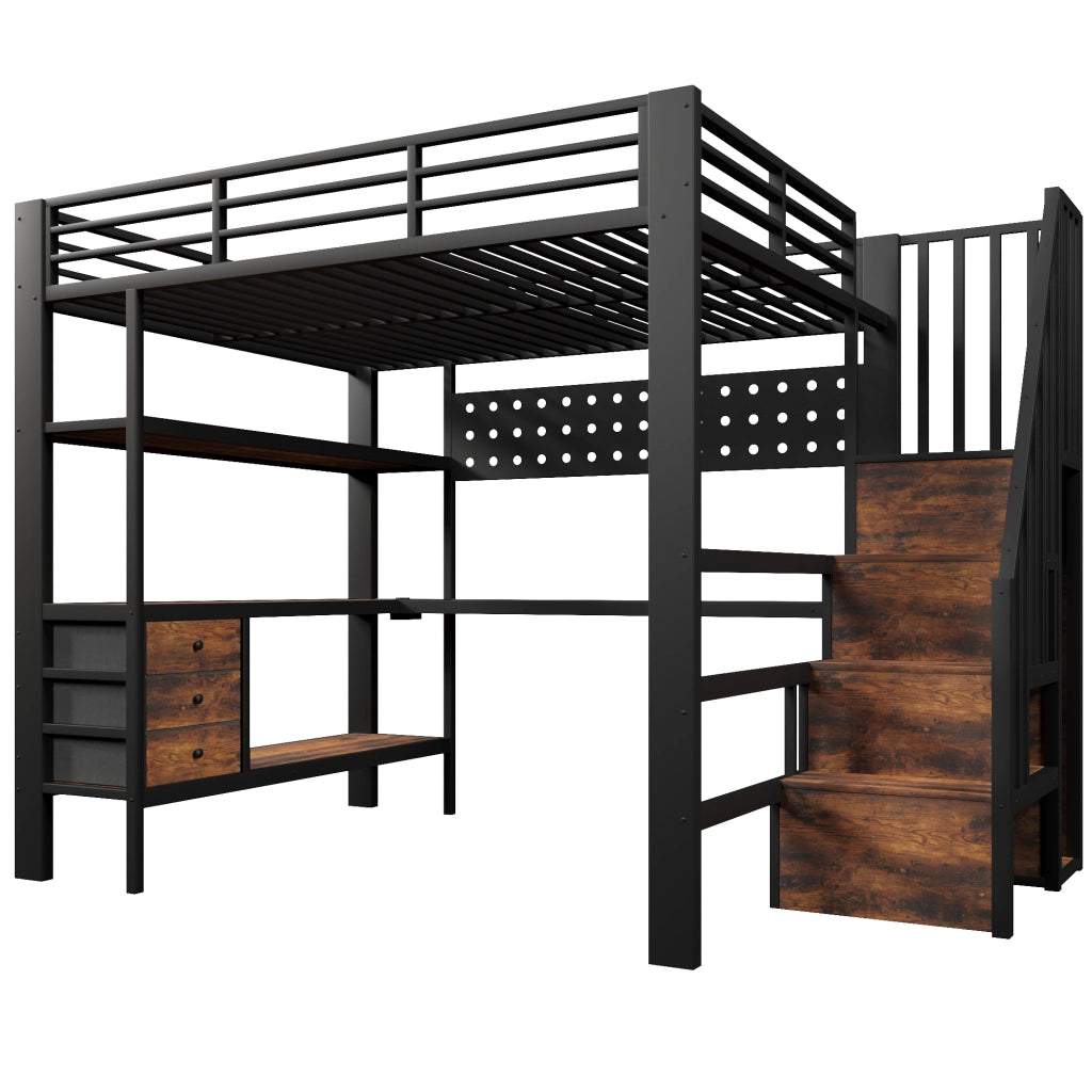 DESMIU Letto a soppalco 140 × 200 cm 1 posto con scrivania, cassetti, LED e presa, senza materasso, nero