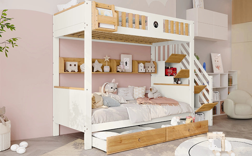 DESMIU Lit a castello 90 × 200 cm 2 posti con scala contenitore, 2 cassetti e ripiano, senza materasso