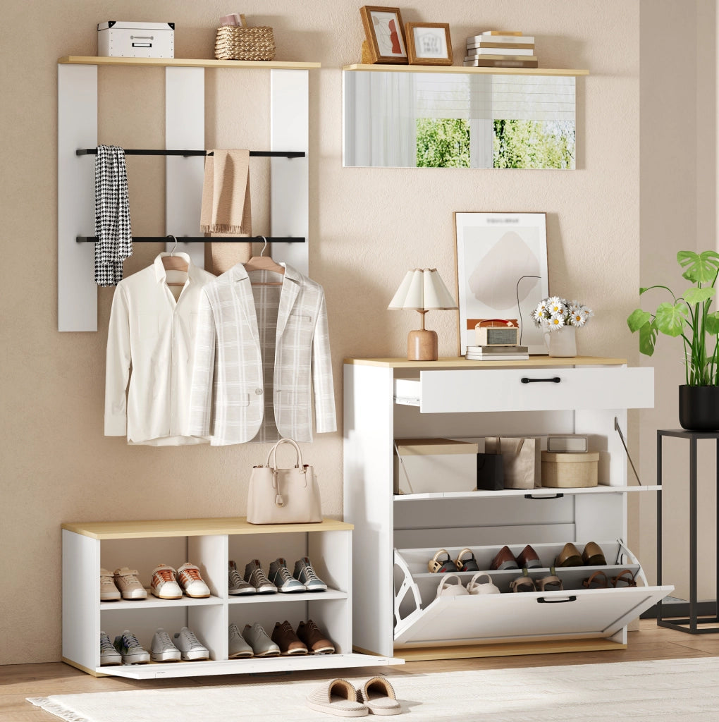 Set guardaroba 156x36x176 cm multifunzione con scarpiera pieghevole; MDF e truciolare; bianco e naturale