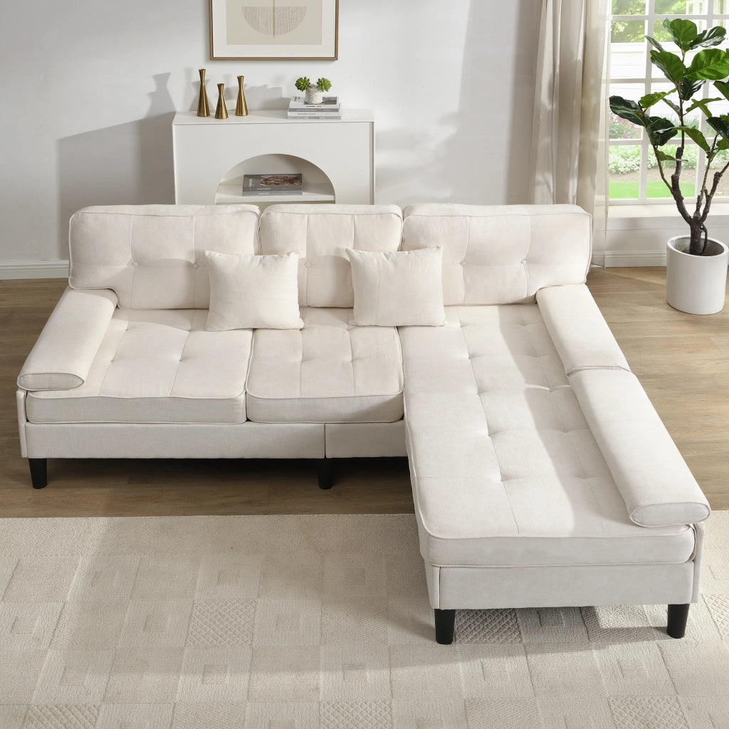 Divano angolare modulare in ciniglia con chaise longue, pouf mobile e cuscini, per piccoli appartamenti, beige chiaro