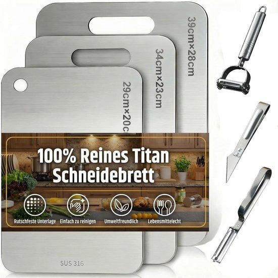 Set di taglieri in titanio - 3 pezzi - Piastra antiscivolo in silicone - Doppia faccia - Acciaio inossidabile - Ideale per cucina e esterno - Taglieri in titanio