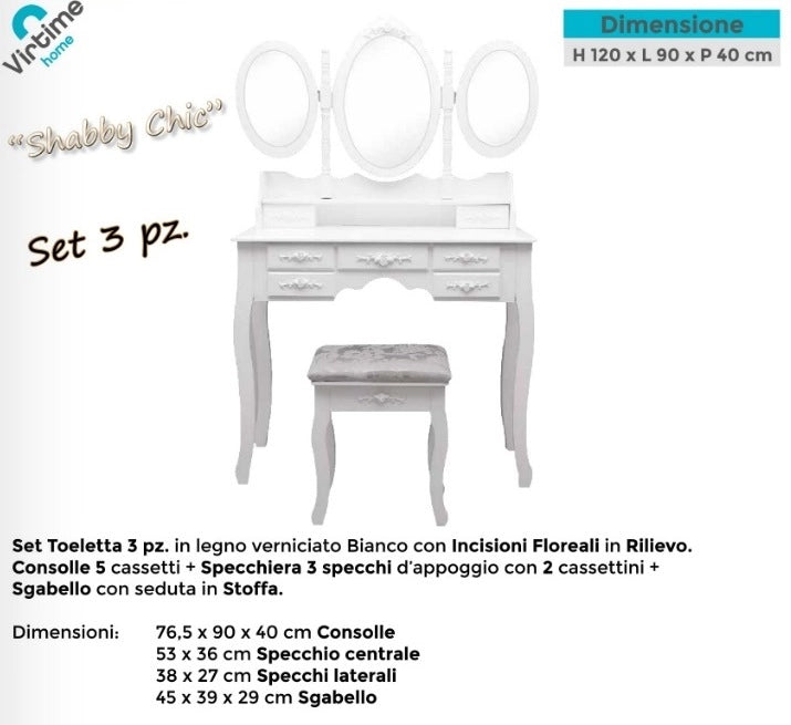 Toeletta Mobile Specchiera Petineuse con Sgabello Imbottito Bianco Cassetti