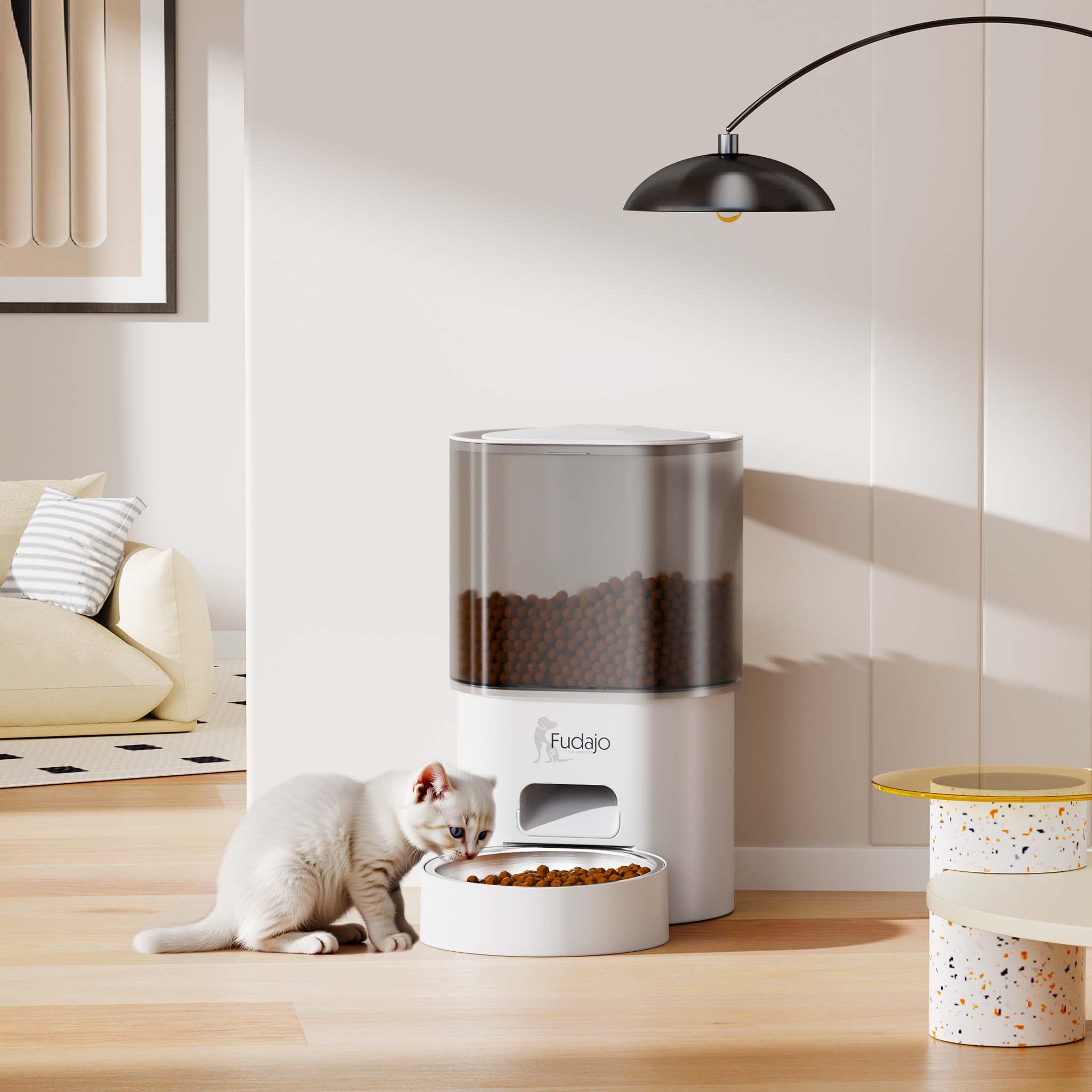 Fudajo Mangiatoia e abbeveratoio automatico per cani e gatti, distributore automatico di cibo da 3 litri e abbeveratoio da 2,5 litri, controllo mangime via app, colore bianco