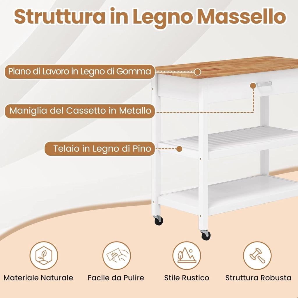 Carrello da Cucina Salvaspazio con Ruote, Mobiletto Cucina con Piano in Legno, Cassetto, 2 Ripiani Aperti, Carrello da Portata per Sala da Pranzo, 106 x 50 x 89 cm (Bianco)