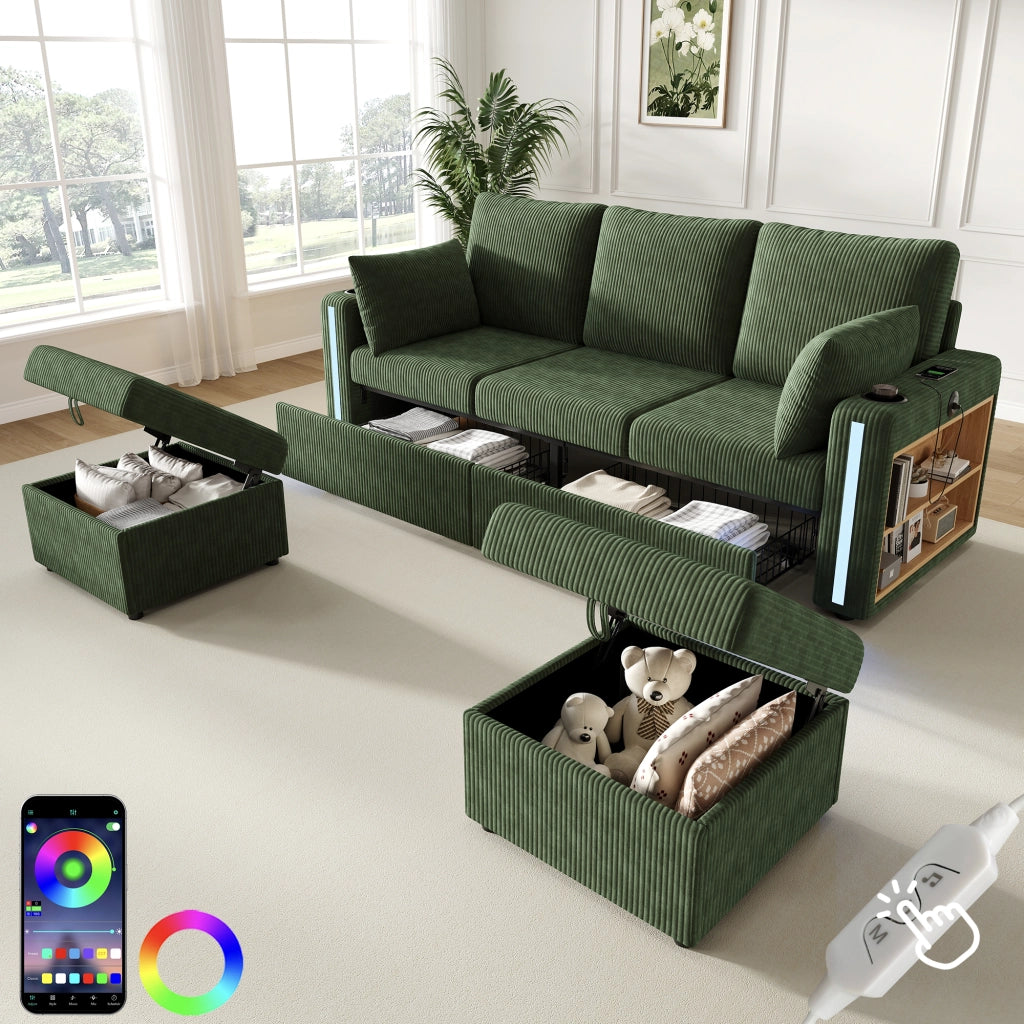 Divano modulare U/L con 2 pouf contenitore; LED; USB/Type-C; 190x130x85 cm; velluto a coste verde
