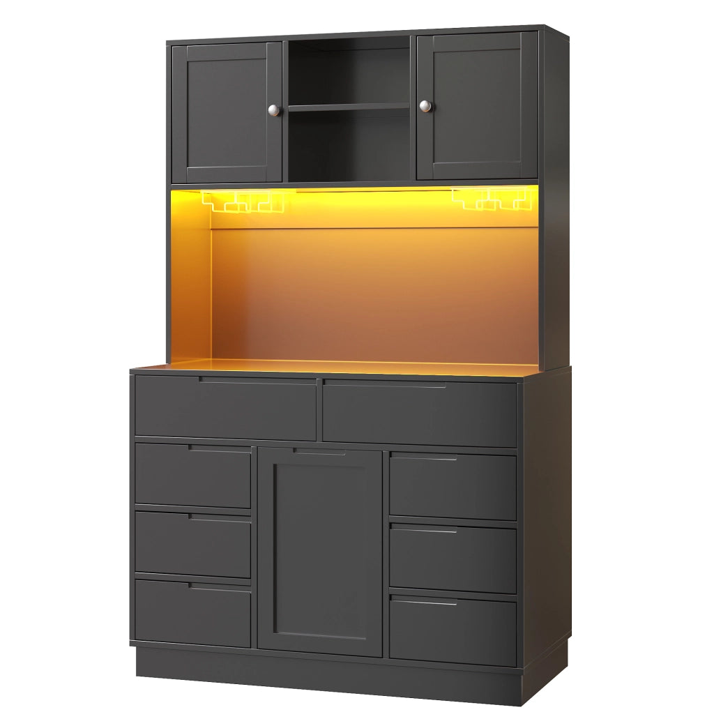 Armadio cucina 120x40x183.5 cm con illuminazione LED; 8 cassetti; MDF; nero